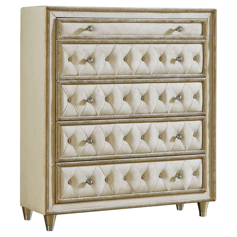 Antonella 5-drawer Upholstered Chest Ivory and Camel - Sims Furniture