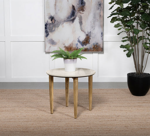 Aldis Round Marble Top End Table White and Natural image