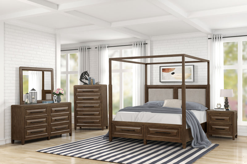 Queen/King Canopy Bed with Storage Footboard, Dresser, Mirror, Chest, & Nightstand