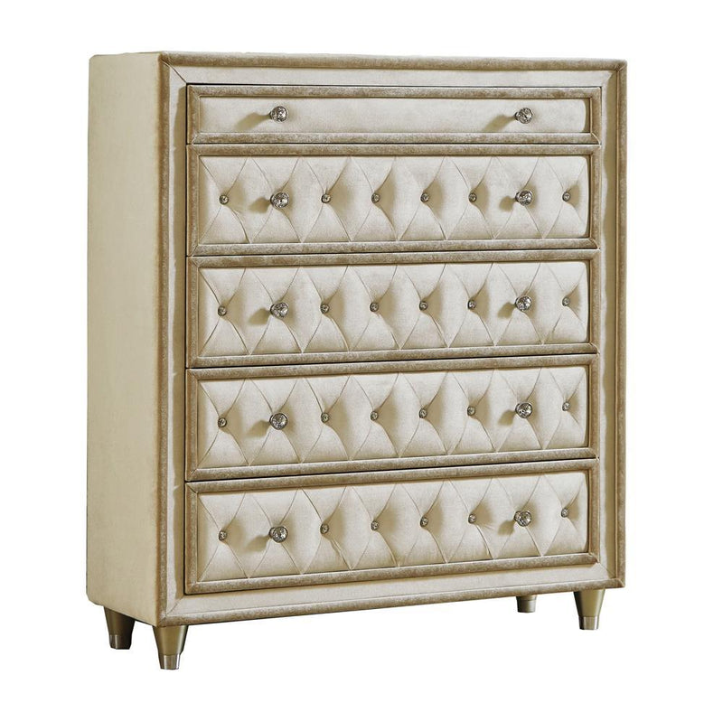 Antonella 5-drawer Upholstered Chest Ivory and Camel - Sims Furniture