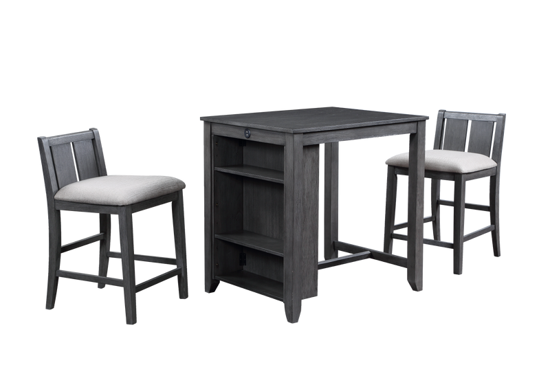 HESTON 36" STORAGE COUNTER TABLE SET W/2 CHAIRS-GRAY