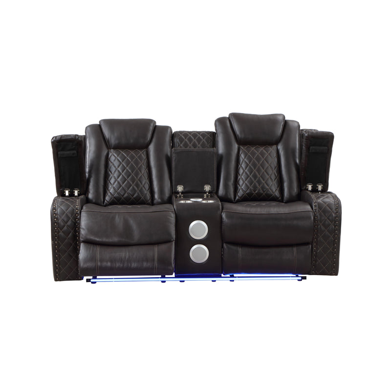 JOSHUA LEATHER CONSOLE LOVESEAT W/ PWR FR & HR-DK BROWN